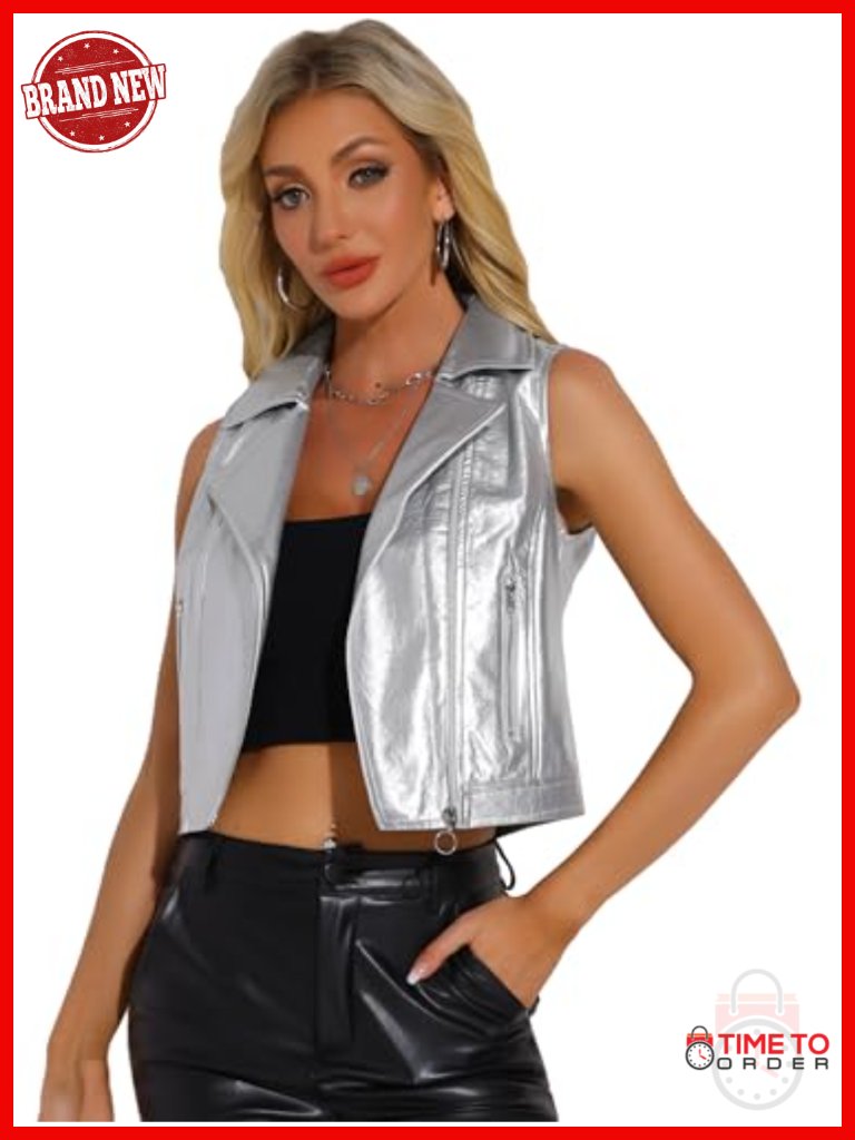 Sleeveless Faux Leather Metallic Vest With Notched Lapel
